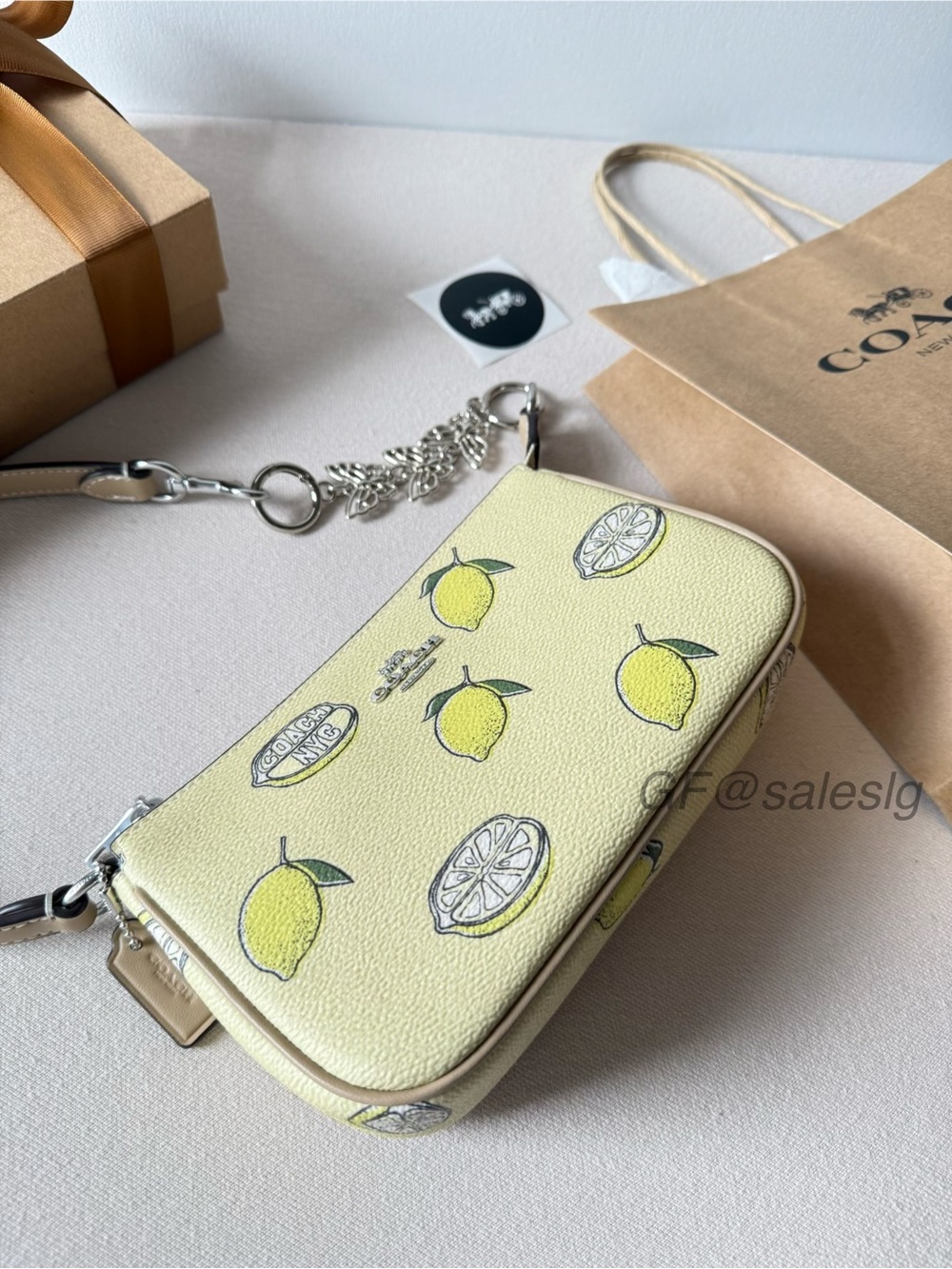 Coach Nolita 19 With Lemon Print Wristlet CAL26 Gift Set+ chain extender NWT